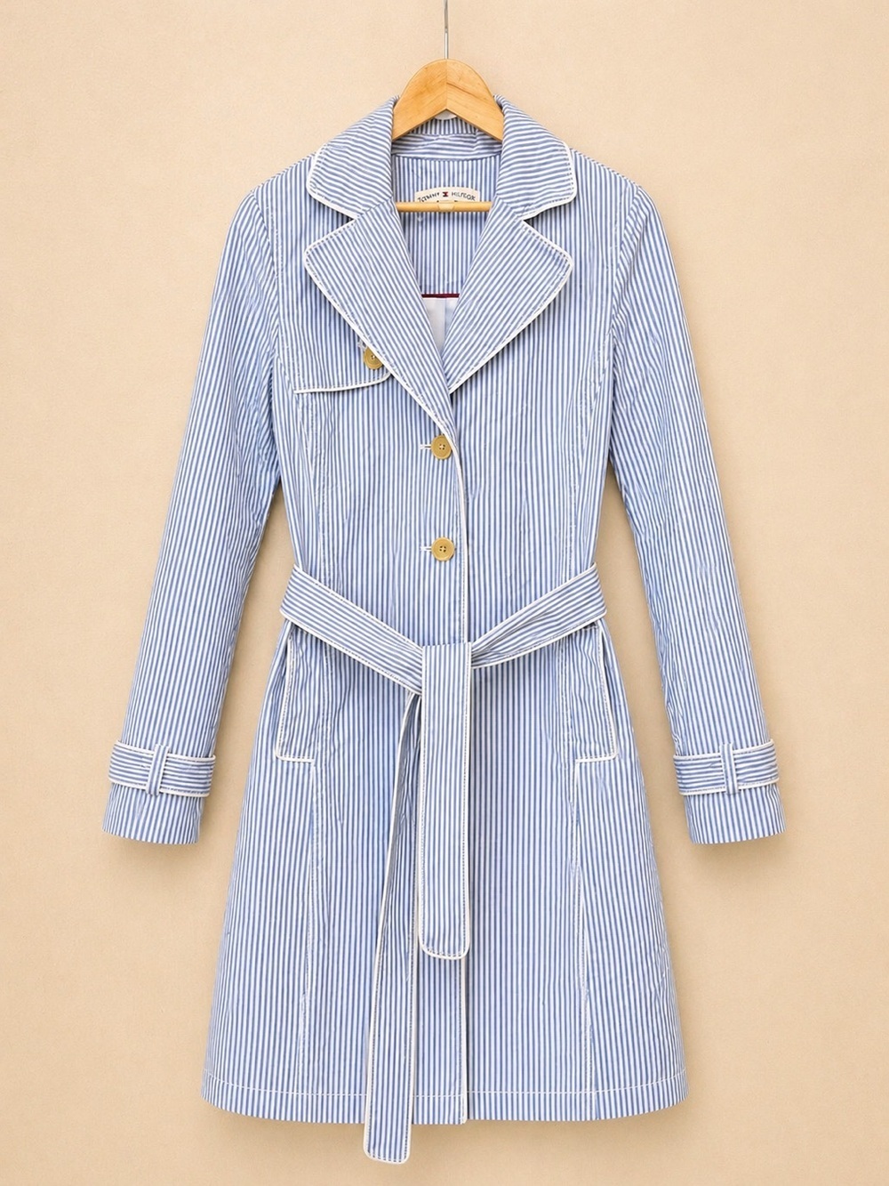 TOMMY HILFIGER Trench Coat Belted Striped Spring Jacket Classic